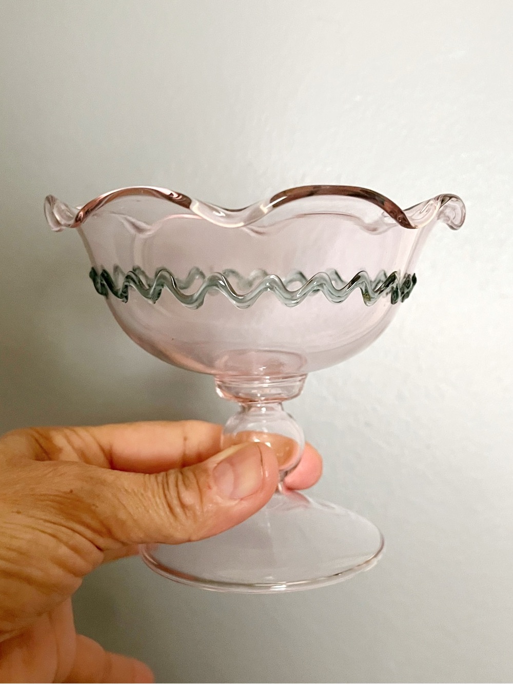 RARE Anthropologie Ballet Dessert Coupe Compote Glass, Pink w/Green Trim